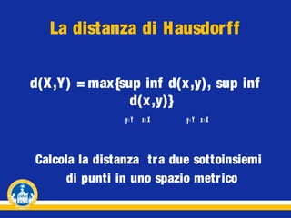 La distanza di Hausdor ff
d(X ,Y) = max {sup inf d(x,y), sup inf
d(x,y)}
y∊Y

x∊X

y∊Y x∊X

Calcola la distanza tra due sottoinsiemi
di punti in uno spazio metr ico

 
