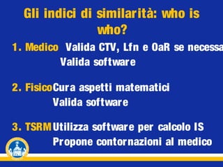 Gli indici di similarità: who is
who?

1. Medico Valida CTV, Lfn e OaR se necessa
Valida softwar e
2. FisicoCura aspetti matematici
Valida softwar e
3. TSRM Utilizza softwar e per calcolo IS
Propone contor nazioni al medico

 