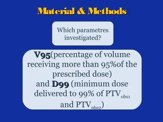 Material & Methods
Which parametres
investigated?

V95(percentage of volume
V95
receiving more than 95%of the
prescribed dose)
and D99 (minimum dose
delivered to 99% of PTVobs1
and PTVobs2)

 