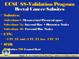 UCSC SS-Validation Program
Rectal Cancer Subsites

• Subsites:
Subvolume1: Mesorectum+Presacral space
Subvolume 2a: Internal Iliac + Obturator Nodes
Subvolume 2b: External Iliac Nodes

• CTV:
– CTV_T3_mid ; CTV_T3_low, CTV_T4

• OAR:
B: Bladder; FH: Femural Head
Arcangeli S, Rays. 2003 Jul-Sep;28(3):331-6
Roels S, Int J Radiat Oncol Biol Phys. 2006 Jul 15;65(4):1129-42.

 
