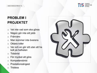 PROBLEM I 
PROJEKTET 
o Vet inte vad som ska göras 
o Någon gör inte sitt jobb 
o Frånvaro 
o Man kommer inte överens 
o Oklara roller 
o Var och en gör sitt utan att ha 
koll på helheten 
o Tidsbrist 
o För mycket att göra 
o Kompetensbrist 
o Prestationsångest 
o Tristess 
 