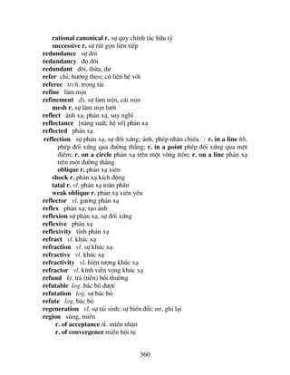 360
rational canonical r. sù quy chÝnh t¾c h÷u tû
successive r. sù rót gän liªn tiÕp
redundance sù d«i
redundancy ®ä d«i
redundant d«i, thõa, d−
refer chØ; h−íng theo; cã liªn hÖ víi
referee trch. träng tµi
refine lµm mÞn
refinement ®s. sù lµm mÞn, c¸i mÞn
mesh r. sù lµm mÞn l−íi
reflect ¸nh x¹, ph¶n x¹, suy nghÜ
reflectance [n¨ng suÊt; hÖ sè] ph¶n x¹
reflected ph¶n x¹
reflection sù ph¶n x¹, sù ®èi xøng; ¶nh, phÐp nh©n chiÕu r. in a line hh.
phÐp ®èi xøng qua ®−êng th¼ng; r. in a point phÐp ®èi xøng qua mét
®iÓm; r. on a circle ph¶n x¹ trªn mét vßng trßn; r. on a line ph¶n x¹
trªn mét ®−êng th¼ng
oblique r. ph¶n x¹ xiªn
shock r. ph¶n x¹ kÝch ®éng
tatal r. vl. ph¶n x¹ toµn phÇn
weak oblique r. ph¶n x¹ xiªn yÕu
reflector vl. g−¬ng ph¶n x¹
reflex ph¶n x¹; t¹o ¶nh
reflexion sù ph¶n x¹, sù ®èi xøng
reflexive ph¶n x¹
reflexivity tÝnh ph¶n x¹
refract vl. khóc x¹
refraction vl. sù khóc x¹
refractive vl. khóc x¹
refractivity vl. hiÖn t−îng khóc x¹
refractor vl. kÝnh viÔn väng khóc x¹
refund kt. tr¶ (tiÒn) båi th−êng
refutable log. b¸c bá ®−îc
refutation log. sù b¸c bá
refute log. b¸c bá
regeneration vl. sù t¸i sinh; sù biÕn ®æi; mt. ghi l¹i
region vïng, miÒn
r. of acceptance tk. miÒn nhËn
r. of convergence miÒn héi tô
 