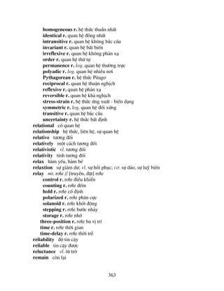 363
homogeneous r. hÖ thøc thuÇn nhÊt
identical r. quan hÖ ®ång nhÊt
intransitive r. quan hÖ kh«ng b¾c cÇu
invariant r. quan hÖ bÊt biÕn
irreflexive r. quan hÖ kh«ng ph¶n x¹
order r. quan hÖ thø tù
permanence r. log. quan hÖ th−êng trùc
polyadic r. log. quan hÖ nhiÒu n¬i
Pythagorean r. hÖ thøc Pitago
reciprocal r. quan hÖ thuËn nghÞch
reflexive r. quan hÖ ph¶n x¹
reversible r. quan hÖ kh¶ nghÞch
stress-strain r. hÖ thøc øng xuÊt - biÕn d¹ng
symmetric r. log. quan hÖ ®èi xøng
transitive r. quan hÖ b¾c cÇu
uncertainty r. hÖ thøc bÊt ®Þnh
relational cã quan hÖ
relationship hÖ thøc, liªn hÖ, sù quan hÖ
relative t−¬ng ®èi
relatively mét c¸ch t−¬ng ®èi
relativistic vl. t−¬ng ®èi
relativity tÝnh t−¬ng ®èi
relax hµm yÕu, hµm bÐ
relaxtion sù gi¶m d−; vl. sù håi phôc; c¬. sù d¶o, sù luü biÕn
relay mt. r¬le // [truyÒn, ®Æt] r¬le
control r. r¬le ®iÒu khiÓn
counting r. r¬le ®Õm
hold r. r¬le cè ®Þnh
polarized r. r¬le ph©n cùc
solanoid r. r¬le khëi ®éng
stepping r. r¬le b−íc nh¶y
storage r. r¬le nhí
three-position r. r¬le ba vÞ trÝ
time r. r¬le thêi gian
time-delay r. r¬le thêi trÔ
reliability ®é tin cËy
reliable tin cËy ®−îc
reluctance vl. tõ trë
remain cßn l¹i
 