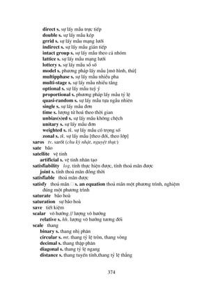 374
direct s. sù lÊy mÉu trùc tiÕp
double s. sù lÊy mÉu kÐp
grrid s. sù lÊy mÉu m¹ng l−íi
indirect s. sù lÊy mÉu gi¸n tiÕp
intact group s. sù lÊy mÉu theo c¶ nhãm
lattice s. sù lÊy mÉu m¹ng l−íi
lottery s. sù lÊy mÉu sæ sè
model s. ph−¬ng ph¸p lÊy mÉu [m« h×nh, thö]
multipphase s. sù lÊy mÉu nhiÒu pha
multi-stage s. sù lÊy mÉu nhiÒu tÇng
optional s. sù lÊy mÉu tuú ý
proportional s. ph−¬ng ph¸p lÊy mÉu tû lÖ
quasi-random s. sù lÊy mÉu tùa ngÉu nhiªn
single s. sù lÊy mÉu ®¬n
time s. l−îng tö ho¸ theo thêi gian
unbias(s)ed s. sù lÊy mÇu kh«ng chÖch
unitary s. sù lÊy mÉu ®¬n
weighted s. tk. sù lÊy mÉu cã träng sè
zonal s. tk. sù lÊy mÉu [theo ®íi, theo líp]
saros tv. sarèt (chu kú nhËt, nguyÖt thùc)
sate b·o
satellite vÖ tinh
artificial s. vÖ tinh nh©n t¹o
satisfiability log. tÝnh thùc hiÖn ®−îc, tÝnh tho¶ m·n ®−îc
joint s. tÝnh tho¶ m·n ®ång thêi
satisfiable tho¶ m·n ®−îc
satisfy tho¶ m·n s. an equation tho¶ m·n mét ph−¬ng tr×nh, nghiÖm
®óng mét ph−¬ng tr×nh
saturate b·o hoµ
saturation sù b·o hoµ
save tiÕt kiÖm
scalar v« h−íng // l−îng v« h−íng
relative s. hh. l−îng v« h−íng t−¬ng ®èi
scale thang
binary s. thang nhÞ ph©n
circular s. mt. thang tû lÖ trßn, thang vßng
decimal s. thang thËp ph©n
diagonal s. thang tû lÖ ngang
distance s. thang tuyÕn tÝnh,thang tû lÖ th¼ng
 