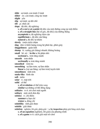 390
slide sù tr−ît; con tr−ît // tr−ît
slider mt. con tr−ît, c«ng t¸c tr−ît
slight yÕu
slip sù tr−ît; sù dêi chç
slit gt. nh¸t c¾t
slope ®é dèc, ®é nghiªng
s. of a curve at a point ®é dèc cña mét ®−êng cong t¹i mét ®iÓm
s. of a straight line [hÖ sè gãc, ®é dèc] cña ®−êng th¼ng
asymptotic s. ®é nghiªng tiÖm cËn
equilibrium s. ®é dèc c©n b»ng
natural s. ®é dèc tù nhiªn
slowly (mét c¸ch) chËm
slug ®¬n vÞ khèi l−îng trong hÖ phót-lùc, phót-gi©y
sluggishness qu¸n tÝnh
slump kt. xuèng gi¸ (hµng) nhanh; khñng ho¶ng
small bÐ, ná in the s. bé phËn nhá
sectional s. tr¬n tõng m¶nh
smooth tr¬n nh½n
sectionally s. tr¬n tõng m¶nh
smoothed tr¬n tru
smoothing sù lµm tr¬n, sù lµm nh½n
linear s. [sù san b»ng; sù lµm tr¬n] tuyÕn tÝnh
smoothness tÝnh tr¬n
snake-like h×nh r¾n
soft mÒm
solar tv. mÆt trêi
solid cè thÓ
s. of revolution cè thÓ trßn xoay
similar s.s nh÷ng cè thÓ ®ång d¹ng
solitaire trch. trß choi mét ng−êi
solitary mét c¸ch ®¬n ®éc
solstice tv. chÝ ®iÓm
summer s. h¹n chÝ
winter s. ®«ng chÝ
solubility tÝnh gi¶i ®−îc
soluble gi¶i ®−îc
solution nghiÖm, lêi gi¶i, phÐp gi¶i s. by inspection phÐp gi¶i b»ng c¸ch chän
s. of an equation [nghiÖm, lêi gi¶i] cña ph−¬ng tr×nh
s. of a game trch. c¸ch gi¶i mét trß ch¬i
 