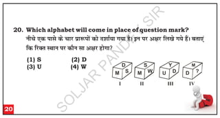 20. Which alphabet will come in place of question mark?
u
h
p
s ,
d
i
k
l
s d
s p
k
j
i
zk
:
i
k
sa d
k
s n
'
k
k
Z;
k
x
;
k
g
SA
b
u
i
j
v
{
k
j
f
y
[
k
s x
;
s g
SaA
c
r
k
,
a
f
d
f
j
D
r
L
F
k
k
u
i
j
d
k
Su
l
k
v
{
k
j
g
k
sx
k

20
M
D
S M
S
W U
Y
D D
M
?
I II III IV
(1) S (2) D
(3) U (4) W
S
O
L
J
A
R
P
A
N
D
E
Y
S
I
R
 