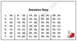 1. (4)
2. (1)
3. (3)
4. (3)
5. (1)
6. (3)
7. (1)
8. (3)
9. (3)
10. (4)
11. (4)
12. (1)
13. (2)
14. (4)
15. (2)
16. (2)
17. (3)
18. (4)
19. (2)
20. (3)
21. (4)
22. (4)
23. (3)
24. (4)
25. (3)
26. (2)
27. (4)
28. (4)
29. (4)
30. (1)
31. (2)
32. (1)
33. (1)
34. (4)
35. (1)
Answer-key
S
O
L
J
A
R
P
A
N
D
E
Y
S
I
R
 