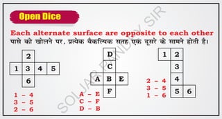 Each alternate surface are opposite to each other
i
k
l
s d
k
s [
k
k
sy
u
s i
j
]
i
zR
;
sd
o
Sd
f
Y
i
d
l
r
g
,
d
n
wl
j
s d
s l
k
e
u
s g
k
sr
h
g
SA
Open Dice
1 3 4 5
6
2
A B E
F
C
D 2
3
4
5 6
1
1 – 4
3 – 5
2 – 6
A – E
C – F
D – B
2 – 4
3 – 5
1 – 6
S
O
L
J
A
R
P
A
N
D
E
Y
S
I
R
 