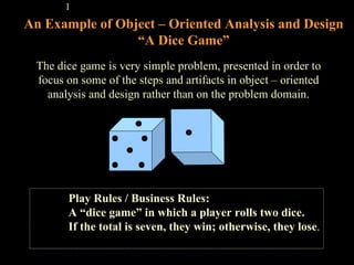 An Example of Object – Oriented Analysis and Design “A Dice Game” ,[object Object],[object Object],[object Object],The dice game is very simple problem, presented in order to focus on some of the steps and artifacts in object – oriented analysis and design rather than on the problem domain. 