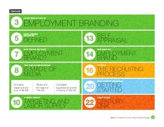 DICE THE DEFINITIVE GUIDE TO EMPLOYMENT BRANDING	 2
Contents
EMPLOYMENT BRANDING
DEFINED
EMPLOYMENT
BRAND?
THE RECRUITING
PROCESS
CENTURY
LINK
SELF
APPRAISAL
GETTING
STARTED
EMPLOYMENT
BRAND
IS MADE OF
MEDIA
TARGETING AND
LABOR SUPPLY
AN INTRODUCTION TO
EMPLOYMENT
BRANDING
WHY FOCUS ON YOUR
9 STEPS
CASE STUDY
BUILDING AN
THE EMPLOYMENT BRAND
A WORD ABOUT
Company
Values are the
soul of the EB
Candidate
Experiences are the
Currency of the EB
Stories are
the Heart of
The EB
EMPLOYMENT BRANDING
 