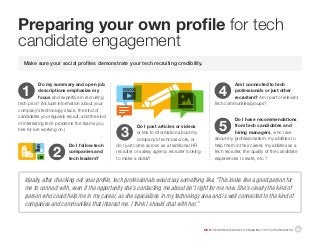 DICE THE DEFINITIVE GUIDE TO ENGAGING TOP TECH CANDIDATES	 20
Ideally, after checking out your profile, tech professionals...