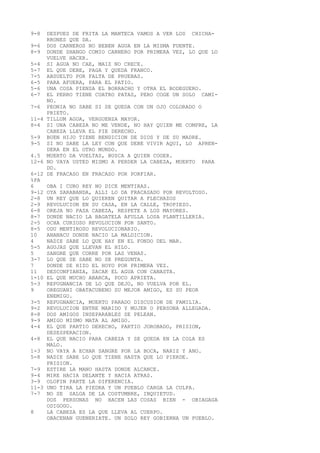 9-8 DESPUES DE FRITA LA MANTECA VAMOS A VER LOS CHICHA-
RRONES QUE DA.
9-6 DOS CARNEROS NO BEBEN AGUA EN LA MISMA FUENTE.
8-9 DONDE SHANGO COMIO CARNERO POR PRIMERA VEZ, LO QUE LO
VUELVE HACER.
5-4 SI AGUA NO CAE, MAIZ NO CRECE.
5-7 EL QUE DEBE, PAGA Y QUEDA FRANCO.
7-5 ABSUELTO POR FALTA DE PRUEBAS.
6-5 PARA AFUERA, PARA EL PATIO.
5-6 UNA COSA PIENSA EL BORRACHO Y OTRA EL BODEGUERO.
6-7 EL PERRO TIENE CUATRO PATAS, PERO COGE UN SOLO CAMI-
NO.
7-6 PEONIA NO SABE SI SE QUEDA CON UN OJO COLORADO O
PRIETO.
11-4 TILLUM AGUA, VERGUENZA MAYOR.
8-4 SI UNA CABEZA NO ME VENDE, NO HAY QUIEN ME COMPRE, LA
CABEZA LLEVA EL PIE DERECHO.
5-9 BUEN HIJO TIENE BENDICION DE DIOS Y DE SU MADRE.
9-5 SI NO SABE LA LEY CON QUE DEBE VIVIR AQUI, LO APREN-
DERA EN EL OTRO MUNDO.
4.5 MUERTO DA VUELTAS, BUSCA A QUIEN COGER.
12-6 NO VAYA USTED MISMO A PERDER LA CABEZA, MUERTO PARA
DO.
6-12 DE FRACASO EN FRACASO POR PORFIAR.
%PA
6 OBA I CURO REY NO DICE MENTIRAS.
9-12 OYA SARABANDA, ALLI LO DA FRACASADO POR REVOLTOSO.
2-8 UN REY QUE LO QUIEREN QUITAR A FLECHAZOS
2-9 REVOLUCION EN SU CASA, EN LA CALLE, TROPIEZO.
6-8 OREJA NO PASA CABEZA, RESPETE A LOS MAYORES.
8-7 DONDE NACIO LA BAGATELA AFULLA LOSA PLANTILLERIA.
2-5 OCHA CURIOSO REVOLUCION POR SANTO.
8-5 ODU MENTIROSO REVOLUCIONARIO.
10 ANANACU DONDE NACIO LA MALDICION.
4 NADIE SABE LO QUE HAY EN EL FONDO DEL MAR.
5-5 AGUJAS QUE LLEVAN EL HILO.
5 SANGRE QUE CORRE POR LAS VENAS.
3-7 LO QUE SE SABE NO SE PREGUNTA.
7 DONDE SE HIZO EL HOYO POR PRIMERA VEZ.
11 DESCONFIANZA, SACAR EL AGUA CON CANASTA.
1-10 EL QUE MUCHO ABARCA, POCO APRIETA.
5-3 REPUGNANCIA DE LO QUE DEJO, NO VUELVA POR EL.
9 OREGUANI OBATACUBENO SU MEJOR AMIGO, ES SU PEOR
ENEMIGO.
3-5 REPUGNANCIA, MUERTO PARADO DISCUSION DE FAMILIA.
9-2 REVOLUCION ENTRE MARIDO Y MUJER O PERSONA ALLEGADA.
8-8 DOS AMIGOS INSEPARABLES SE PELEAN.
9-9 AMIGO MISMO MATA AL AMIGO.
4-4 EL QUE PARTIO DERECHO, PARTIO JOROBADO, PRISION,
DESESPERACION.
4-8 EL QUE NACIO PARA CABEZA Y SE QUEDA EN LA COLA ES
MALO.
1-3 NO VAYA A ECHAR SANGRE POR LA BOCA, NARIZ Y ANO.
5-8 NADIE SABE LO QUE TIENE HASTA QUE LO PIERDE.
PRISION.
7-9 ESTIRE LA MANO HASTA DONDE ALCANCE.
9-4 MIRE HACIA DELANTE Y HACIA ATRAS.
3-9 OLOFIN PARTE LA DIFERENCIA.
11-3 UNO TIRA LA PIEDRA Y UN PUEBLO CARGA LA CULPA.
7-7 NO SE SALGA DE LA COSTUMBRE, INQUIETUD.
DOS PERSONAS NO HACEN LAS COSAS BIEN - OBIAGAGA
ODIGOGO.
8 LA CABEZA ES LA QUE LLEVA AL CUERPO.
OBACENAN GUENERIATE. UN SOLO REY GOBIERNA UN PUEBLO.
 