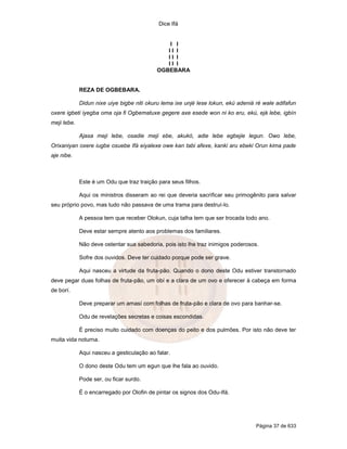 Dice Ifá
Página 37 de 633
I I
I I I
I I I
I I I
OGBEBARA
REZA DE OGBEBARA.
Didun nixe uiye bigbe niti okuru lema ixe unjé lese lokun, ekú adeniá ré wale adifafun
oxere igbeti iyegba oma oja fi Ogbematuxe gegere axe esede won ni ko eru, ekú, ejá lebe, igbín
meji lebe.
Ajasa meji lebe, osadie meji ebe, akukó, adie lebe egbejie legun. Owo lebe,
Orixaniyan oxere iugbe osuebe Ifá eiyalexe owe kan tabi afexe, kanki aru ebeki Orun kima pade
aje nibe.
Este é um Odu que traz traição para seus filhos.
Aqui os ministros disseram ao rei que deveria sacrificar seu primogênito para salvar
seu próprio povo, mas tudo não passava de uma trama para destruí-lo.
A pessoa tem que receber Olokun, cuja talha tem que ser trocada todo ano.
Deve estar sempre atento aos problemas dos familiares.
Não deve ostentar sua sabedoria, pois isto lhe traz inimigos poderosos.
Sofre dos ouvidos. Deve ter cuidado porque pode ser grave.
Aqui nasceu a virtude da fruta-pão. Quando o dono deste Odu estiver transtornado
deve pegar duas folhas de fruta-pão, um obí e a clara de um ovo e oferecer à cabeça em forma
de borí.
Deve preparar um amasí com folhas de fruta-pão e clara de ovo para banhar-se.
Odu de revelações secretas e coisas escondidas.
É preciso muito cuidado com doenças do peito e dos pulmões. Por isto não deve ter
muita vida noturna.
Aqui nasceu a gesticulação ao falar.
O dono deste Odu tem um egun que lhe fala ao ouvido.
Pode ser, ou ficar surdo.
É o encarregado por Olofin de pintar os signos dos Odu-Ifá.
 