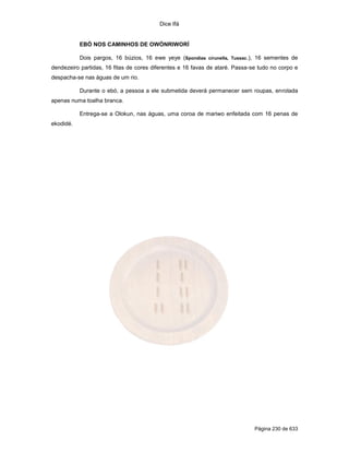 Dice Ifá


           EBÓ NOS CAMINHOS DE OWÓNRIWORÍ

           Dois pargos, 16 búzios, 16 ewe yeye (Spondias cirunella, Tussac.), 16 sementes de
dendezeiro partidas, 16 fitas de cores diferentes e 16 favas de ataré. Passa-se tudo no corpo e
despacha-se nas águas de um rio.

           Durante o ebó, a pessoa a ele submetida deverá permanecer sem roupas, enrolada
apenas numa toalha branca.

           Entrega-se a Olokun, nas águas, uma coroa de mariwo enfeitada com 16 penas de
ekodidé.




                                                                              Página 230 de 633
 