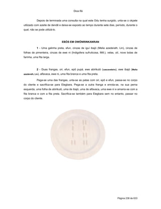 Dice Ifá


             Depois de terminada uma consulta na qual este Odu tenha surgido, unta-se o okpele
utilizado com azeite de dendê e deixa-se exposto ao tempo durante sete dias, período, durante o
qual, não se pode utilizá-lo.



                                      EBÓS EM OWÓNRINKANRAN

             1 - Uma galinha preta, efun, cinzas de iguí ibajó (Melia azederath, Lin), cinzas de
folhas de pimenteira, cinzas de ewe ni (Indigofera sufruticosa, Mill.), velas, otí, nove bolas de
farinha, uma fita larga.



             2 - Duas frangas, ori, efun, epô pupá, ewe abirikuló ( cascaveleira), ewe ibajó (Melia
azederath, Lin),   alfavaca, ewe ni, uma fita branca e uma fita preta.

             Pega-se uma das frangas, unta-se as patas com ori, epô e efun, passa-se no corpo
do cliente e sacrifica-se para Elegbara. Pega-se a outra franga e enrola-se, na sua perna
esquerda, uma folha de abirikuló, uma de ibajó, uma de alfavaca, uma ewe ni e amarra-se com a
fita branca e com a fita preta. Sacrifica-se também para Elegbara sem no entanto, passar no
corpo do cliente.




                                                                                 Página 238 de 633
 