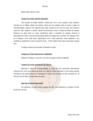 Dice Ifá


           Neste signo nasceu a roda.



           TRABALHO PARA OBTER DINHEIRO

           Uma porção de feijão fradinho cozida sem sal e sem qualquer outro tempero.
Colocam-se os feijões, depois de cozidos, dentro de uma cabaça onde se riscou o signo de
Oturukponlogbe, rega-se com bastante epô pupá, coloca-se em cima do opon com iyerofá e
reza-se o Odu. Pega-se o iyerofá, depois de terminada a reza e coloca-se dentro da cabaça.
Passa-se um galo preto no corpo, sacrifica-se sobre o conteúdo da cabaça, limpa-se e
esquarteja-se o bicho, coloca-se suas partes dentro da cabaça sem cozinhar. Em seguida, leva-
se a cabaça à uma mata onde, segurando-a com a mão esquerda, vai-se pegando o seu
conteúdo e espalhando a esmo enquanto se diz: Umbo bogbo Orixá, Egun maiye igbo opolopo
owo.

           A cabaça, depois de esvaziada, é deixada na mata.



           TRABALHO PARA REAVIVAR A MEMÓRIA

           Oferecer à cabeça, um pombo, um casco de ajapá e bolas de algodão.



           TRABALHO PARA DESTRUIR UM ARAJÉ

           Marca-se o signo de Oturukponlogbe no chão de uma construção abandonada.
Coloca-se em cima uma panela de barro com óleo de motor queimado e uma aranha peluda.
Acende-se uma mecha pedindo a destruição do Arajé. Este trabalho só terá resultado se, na
hora em que for feito, o Arajé estiver dormindo.



           EBÓ EM OTURUKPONLOGBE

           Um cabritinho, um galo, quatro espigas de milho, uma cabacinha, um ajapá, um obé,
pó de ekú e de ejá.




                                                                            Página 445 de 633
 