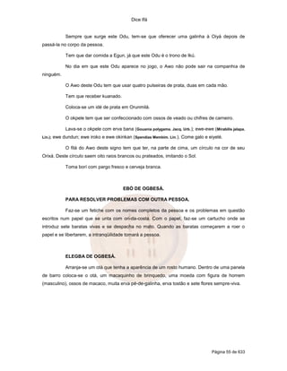 Dice Ifá


               Sempre que surge este Odu, tem-se que oferecer uma galinha à Oiyá depois de
passá-la no corpo da pessoa.

               Tem que dar comida a Egun, já que este Odu é o trono de Ikú.

               No dia em que este Odu aparece no jogo, o Awo não pode sair na companhia de
ninguém.

               O Awo deste Odu tem que usar quatro pulseiras de prata, duas em cada mão.

               Tem que receber kuanado.

               Coloca-se um idé de prata em Orunmilá.

               O okpele tem que ser confeccionado com ossos de veado ou chifres de carneiro.

               Lava-se o okpele com erva bana (Gouania polygama. Jacq. Urb.); ewe-ewe (Mirabilis jalapa.
Lin.);   ewe dundun; ewe iroko e ewe okinkan (Spendias Membim. Lin.). Come galo e eiyelé.

               O filá do Awo deste signo tem que ter, na parte de cima, um círculo na cor de seu
Orixá. Deste círculo saem oito raios brancos ou prateados, imitando o Sol.

               Toma borí com pargo fresco e cerveja branca.



                                           EBÓ DE OGBESÁ.

               PARA RESOLVER PROBLEMAS COM OUTRA PESSOA.

               Faz-se um fetiche com os nomes completos da pessoa e os problemas em questão
escritos num papel que se unta com ori-da-costa. Com o papel, faz-se um cartucho onde se
introduz sete baratas vivas e se despacha no mato. Quando as baratas começarem a roer o
papel e se libertarem, a intranqüilidade tomará a pessoa.



               ELEGBA DE OGBESÁ.

               Arranja-se um otá que tenha a aparência de um rosto humano. Dentro de uma panela
de barro coloca-se o otá, um macaquinho de brinquedo, uma moeda com figura de homem
(masculino), ossos de macaco, muita erva pé-de-galinha, erva tostão e sete flores sempre-viva.




                                                                                       Página 55 de 633
 