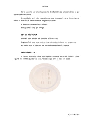 Dice Ifá


           Se for homem e tiver o mesmo problema, deve também usar um colar idêntico só que
com as cores das Iyagbás.

           Em osogbo Ikú pode estar prognosticando que a pessoa pode morrer de susto com a
notícia da morte de um familiar ou de um amigo muito querido.

           A pessoa se perde pela desobediência.

           Não agüenta a carga que carrega.



           EBÓ EM OXETRUPON

           Um galo, cinco pombos, dez obís, mel, efun, epô e ori.

           Depois de feito o ebó pega-se cinco obís, unta-se com mel e se leva para o mato.

           Na mesma noite se toma borí com o que for determinado por Orunmilá.



           SEGREDO DO ODU

           O homem deste Odu, numa noite qualquer, lavará os pés de sua mulher e no dia
seguinte não permitirá que ela faça nada. Neste dia agirá como se fosse seu criado.




                                                                               Página 577 de 633
 