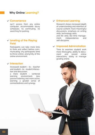 Why Online Learning?
Convenience Enhanced Learning
Leveling of the Playing
Field
Interaction
03
Improved Administration
24/7 access from any online
computer; accommodate sbusy
schedules; no commuting, no
searching for parking.
Research shows increased depth
of understanding and retention of
course content; more meaningful
discussions; emphasis on writing
skills, technology skills,
and life skills like time manage-
ment, independence, and
self-discipline.
Participants can take more time
to think and reﬂect before com-
municating; shy participants tend
to thrive online; anonymity of the
online environment.
Increased student - to - teacher
and student - to - student interac-
tion and discussion;
a more student - centered
learning environment; less
passive listening and more active
learning; a greater sense of
connectedness and synergy.
Time to examine student work
more thoroughly; ability to docu-
ment and record online
interactions; ability to manage
grading online.
 