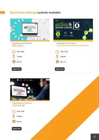 Dice Online Trainings currently available
Apply Now
Apply Now
Apply Now
Presenting a live Traning on
BIG Data
7PM - 9PM
7 Weeks
Mon-Fri
7PM - 9PM
8 Weeks
Mon - Fri
Presenting a live Traning on
DWH & BI
Presenting a live Traning on
Data Science & Machine Learning
APRIL
7PM - 9PM
8 Weeks
Mon-Fri
APRIL
APRIL
07
 