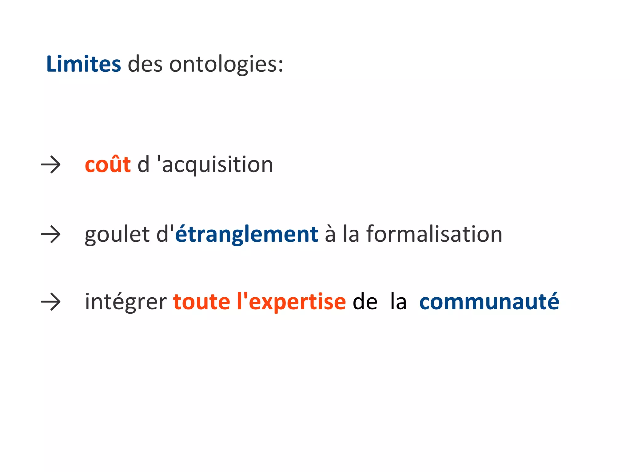Limites  des ontologies: ->  coût  d 'acquisition ->  intégrer  toute l'expertise  de  la  communauté ->  goulet d' étranglement  à la formalisation  