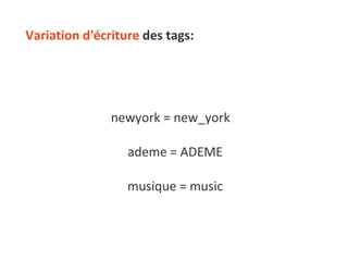 Variation d'écriture  des tags: newyork = new_york  ademe = ADEME musique = music 