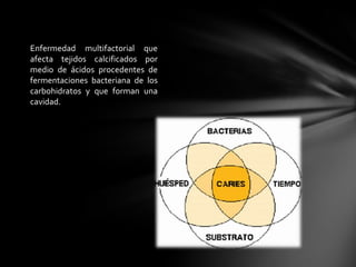Enfermedad multifactorial que
afecta tejidos calcificados por
medio de ácidos procedentes de
fermentaciones bacteriana de los
carbohidratos y que forman una
cavidad.
 