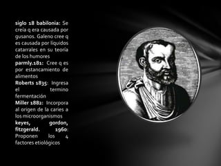 siglo 18 babilonia: Se
creía q era causada por
gusanos. Galeno cree q
es causada por líquidos
catarrales en su teoría
de los humores
parmly.181: Cree q es
por estancamiento de
alimentos
Roberts 1835: Ingresa
el              termino
fermentación
Miller 1882: Incorpora
al origen de la caries a
los microorganismos
keyes,          gordon,
fitzgerald.        1960:
Proponen       los     4
factores etiológicos
 
