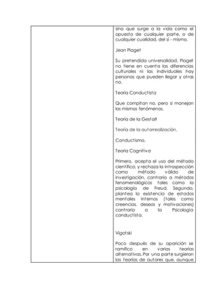 sino que surge a la vida como el
opuesto de cualquier parte, o de
cualquier cualidad, del sí - mismo.
Jean Piaget
Su pretendida universalidad, Piaget
no tiene en cuenta las diferencias
culturales ni las individuales hay
personas que pueden llegar y otras
no.
Teoria Conductista
Que compitan no, pero si manejan
los mismos fenómenos.
Teoria de la Gestalt
Teoría de la autorrealización.
Conductismo.
Teoria Cognitiva
Primero, acepta el uso del método
científico, y rechaza la introspección
como método válido de
investigación, contrario a métodos
fenomenológicos tales como la
psicología de Freud. Segundo,
plantea la existencia de estados
mentales internos (tales como
creencias, deseos y motivaciones)
contrario a la Psicología
conductista.
Vigotski
Poco después de su aparición se
ramifico en varias teorías
alternativas. Por una parte surgieron
las teorías de autores que, aunque
 