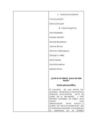  Teoría de la Gestalt
Immanuel Kant
Edmund Husserl
 Teoría Cognitiva
Alan Baddeley
Frederic Bartlett
Donald Broadbent
Jerome Bruner
Hermann Ebbinghaus
George A. Miller
Ulrich Neisser
David Rumelhart
Herbert Simon
¿Cuál es la historia breve de ésta
teoría?
Teoría psicoanalítica
El supuesto de que existen los
procesos , fenómenos y mecanismos
psíquicos inconscientes junto al
papel de la sexualidad y del
llamado Complejo de Edipo, que
resulta una
diferenciación entre instinto y
pulsión, así como la aceptación de
la teoría de la represión y el papel de
la resistencia en el análisis
 