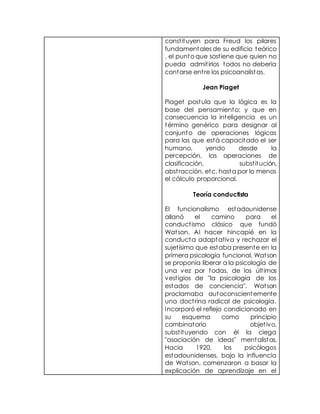 constituyen para Freud los pilares
fundamentales de su edificio teórico
, el punto que sostiene que quien no
pueda admitirlos todos no debería
contarse entre los psicoanalistas.
Jean Piaget
Piaget postula que la lógica es la
base del pensamiento; y que en
consecuencia la inteligencia es un
término genérico para designar al
conjunto de operaciones lógicas
para las que está capacitado el ser
humano, yendo desde la
percepción, las operaciones de
clasificación, substitución,
abstracción, etc. hasta por lo menos
el cálculo proporcional.
Teoría conductista
El funcionalismo estadounidense
allanó el camino para el
conductismo clásico que fundó
Watson. Al hacer hincapié en la
conducta adaptativa y rechazar el
sujetísimo que estaba presente en la
primera psicología funcional, Watson
se proponía liberar a la psicología de
una vez por todas, de los últimos
vestigios de "la psicología de los
estados de conciencia". Watson
proclamaba autoconscientemente
una doctrina radical de psicología.
Incorporó el reflejo condicionado en
su esquema como principio
combinatorio objetivo,
substituyendo con él la ciega
"asociación de ideas" mentalistas.
Hacia 1920, los psicólogos
estadounidenses, bajo la influencia
de Watson, comenzaron a basar la
explicación de aprendizaje en el
 
