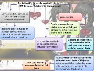 Administración de la relación con el cliente
(CRM, Customer Relationship Management).
La velocidad del servicio es
un factor crítico en el
comercio electrónico.

consecuencia
Que la empresa de esa
página web ha perdido una
compra y posiblemente un
cliente para el futuro.

deben volcar su esfuerzo en
atender perfectamente al
cliente pues con ello mejorarán
sus resultados económicos.

en el que la mayoría de
las transacciones son
virtuales y el vendedor

sirve para adquirir y
mantener la lealtad del
cliente.

El diseño de los sistemas
de información debe
realizarse para buscar la
satisfacción del cliente.

los sistemas de administración de la
relación con el cliente (CRM) cuya
estrategia está destinada a lograr ser
más efectivos en el momento de
interactuar con los clientes.

 