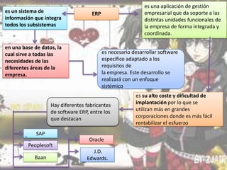 es un sistema de
información que integra
todos los subsistemas

en una base de datos, la
cual sirve a todas las
necesidades de las
diferentes áreas de la
empresa.

es una aplicación de gestión
empresarial que da soporte a las
distintas unidades funcionales de
la empresa de forma integrada y
coordinada.

ERP

es necesario desarrollar software
específico adaptado a los
requisitos de
la empresa. Este desarrollo se
realizará con un enfoque
sistémico

Hay diferentes fabricantes
de software ERP, entre los
que destacan
SAP
Peoplesoft
Baan

Oracle
J.D.
Edwards.

es su alto coste y dificultad de
implantación por lo que se
utilizan más en grandes
corporaciones donde es más fácil
rentabilizar el esfuerzo

 