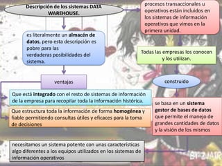 procesos transaccionales u
operativos están incluidos en
los sistemas de información
operativos que vimos en la
primera unidad.

Descripción de los sistemas DATA
WAREHOUSE.

es literalmente un almacén de
datos, pero esta descripción es
pobre para las
verdaderas posibilidades del
sistema.

Todas las empresas los conocen
y los utilizan.

ventajas
Que está integrado con el resto de sistemas de información
de la empresa para recopilar toda la información histórica.
Que estructura toda la información de forma homogénea y
fiable permitiendo consultas útiles y eficaces para la toma
de decisiones

necesitamos un sistema potente con unas características
algo diferentes a los equipos utilizados en los sistemas de
información operativos

construido

se basa en un sistema
gestor de bases de datos
que permite el manejo de
grandes cantidades de datos
y la visión de los mismos

 