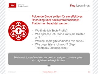 de.dice.com 11
Key Learnings
* Quelle: allfacebook, 2017
Die Interaktion auf sozialen Netzwerken steigt und damit ergeben
sich täglich neue Möglichkeiten.
Folgende Dinge sollten für ein effektives
Recruiting über soziale/professionelle
Plattformen beachtet werden:
- Wo finde ich Tech-Profis?
- Wie spreche ich Tech-Profis am Besten
an?
- Welche Tools gibt es/helfen mir dabei?
- Wie organisiere ich mich? (Bsp.
Talentpool/Talentpipeline)
 