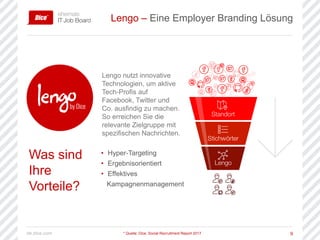 de.dice.com 9
Lengo – Eine Employer Branding Lösung
* Quelle: Dice, Social Recruitment Report 2017
• Hyper-Targeting
• Ergebnisorientiert
• Effektives
Kampagnenmanagement
Lengo nutzt innovative
Technologien, um aktive
Tech-Profis auf
Facebook, Twitter und
Co. ausfindig zu machen.
So erreichen Sie die
relevante Zielgruppe mit
spezifischen Nachrichten.
Was sind
Ihre
Vorteile?
 