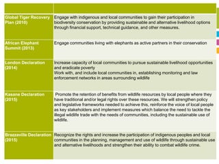 3
Global Tiger Recovery
Plan (2010)
Engage with indigenous and local communities to gain their participation in
biodiversity conservation by providing sustainable and alternative livelihood options
through financial support, technical guidance, and other measures.
African Elephant
Summit (2013)
Engage communities living with elephants as active partners in their conservation
London Declaration
(2014)
Increase capacity of local communities to pursue sustainable livelihood opportunities
and eradicate poverty
Work with, and include local communities in, establishing monitoring and law
enforcement networks in areas surrounding wildlife
Kasane Declaration
(2015)
Promote the retention of benefits from wildlife resources by local people where they
have traditional and/or legal rights over these resources. We will strengthen policy
and legislative frameworks needed to achieve this, reinforce the voice of local people
as key stakeholders and implement measures which balance the need to tackle the
illegal wildlife trade with the needs of communities, including the sustainable use of
wildlife.
Brazzaville Declaration
(2015)
Recognize the rights and increase the participation of indigenous peoples and local
communities in the planning, management and use of wildlife through sustainable use
and alternative livelihoods and strengthen their ability to combat wildlife crime.
 
