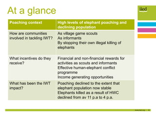 6
At a glance
Poaching context High levels of elephant poaching and
declining population
How are communities
involved in tackling IWT?
As village game scouts
As informants
By stopping their own illegal killing of
elephants
What incentives do they
receive?
Financial and non-financial rewards for
activities as scouts and informants
Effective human-elephant conflict
programme
Income generating opportunities
What has been the IWT
impact?
Poaching declined to the extent that
elephant population now stable
Elephants killed as a result of HWC
declined from av 11 p.a to 4 p.a.
 
