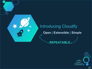 27
Introducing Cloudify
Open | Extensible | Simple
REPEATABLE
 