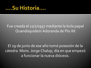 Fue creada el 11/2/1957 mediante la bula papal Quandoquidem Adoranda de Pío XII El 29 de junio de ese año tomó posesión de la cátedra  Mons. Jorge Chalup, día en que empezó a funcionar la nueva diócesis. 