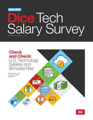 DiceTech
Salary SurveyReleased January 22, 2015
2015–2014
Check
and Check:
U.S. Technology
Salaries and
Bonuses Rise
Satisfaction with
Compensation
Declines
 