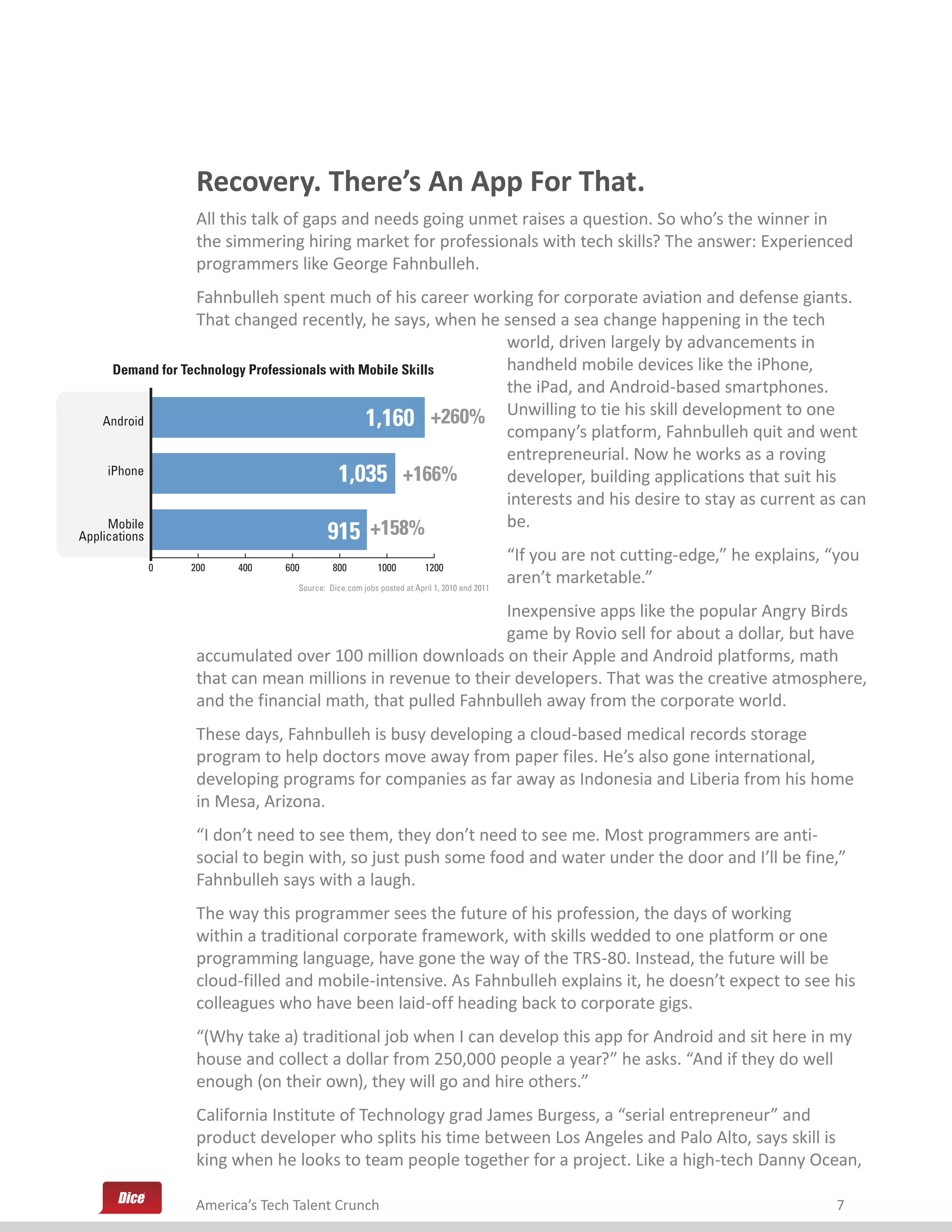 Recovery. There’s An App For That.
                    All this talk of gaps and needs going unmet raises a question. So who’s the winner in
                    the simmering hiring market for professionals with tech skills? The answer: Experienced
                    programmers like George Fahnbulleh.
                   Fahnbulleh spent much of his career working for corporate aviation and defense giants.
                   That changed recently, he says, when he sensed a sea change happening in the tech
                                                             world, driven largely by advancements in
      Demand for Technology Professionals with Mobile Skills handheld mobile devices like the iPhone,
                                                             the iPad, and Android-based smartphones.
    Android                                     1,160 +260% Unwilling to tie his skill development to one
                                                             company’s platform, Fahnbulleh quit and went
                                                             entrepreneurial. Now he works as a roving
     iPhone                                1,035 +166%       developer, building applications that suit his
                                                             interests and his desire to stay as current as can
     Mobile                                     +158%        be.
Applications                               915
                                                                                            “If you are not cutting-edge,” he explains, “you
               0   200    400    600        800          1000         1200
                                   Source: Dice.com jobs posted at April 1, 2010 and 2011
                                                                                            aren’t marketable.”
                                                             Inexpensive apps like the popular Angry Birds
                                                             game by Rovio sell for about a dollar, but have
                    accumulated over 100 million downloads on their Apple and Android platforms, math
                    that can mean millions in revenue to their developers. That was the creative atmosphere,
                    and the financial math, that pulled Fahnbulleh away from the corporate world.
                    These days, Fahnbulleh is busy developing a cloud-based medical records storage
                    program to help doctors move away from paper files. He’s also gone international,
                    developing programs for companies as far away as Indonesia and Liberia from his home
                    in Mesa, Arizona.
                    “I don’t need to see them, they don’t need to see me. Most programmers are anti-
                    social to begin with, so just push some food and water under the door and I’ll be fine,”
                    Fahnbulleh says with a laugh.
                    The way this programmer sees the future of his profession, the days of working
                    within a traditional corporate framework, with skills wedded to one platform or one
                    programming language, have gone the way of the TRS-80. Instead, the future will be
                    cloud-filled and mobile-intensive. As Fahnbulleh explains it, he doesn’t expect to see his
                    colleagues who have been laid-off heading back to corporate gigs.
                    “(Why take a) traditional job when I can develop this app for Android and sit here in my
                    house and collect a dollar from 250,000 people a year?” he asks. “And if they do well
                    enough (on their own), they will go and hire others.”
                    California Institute of Technology grad James Burgess, a “serial entrepreneur” and
                    product developer who splits his time between Los Angeles and Palo Alto, says skill is
                    king when he looks to team people together for a project. Like a high-tech Danny Ocean,

                    America’s Tech Talent Crunch                                                                                        7
 