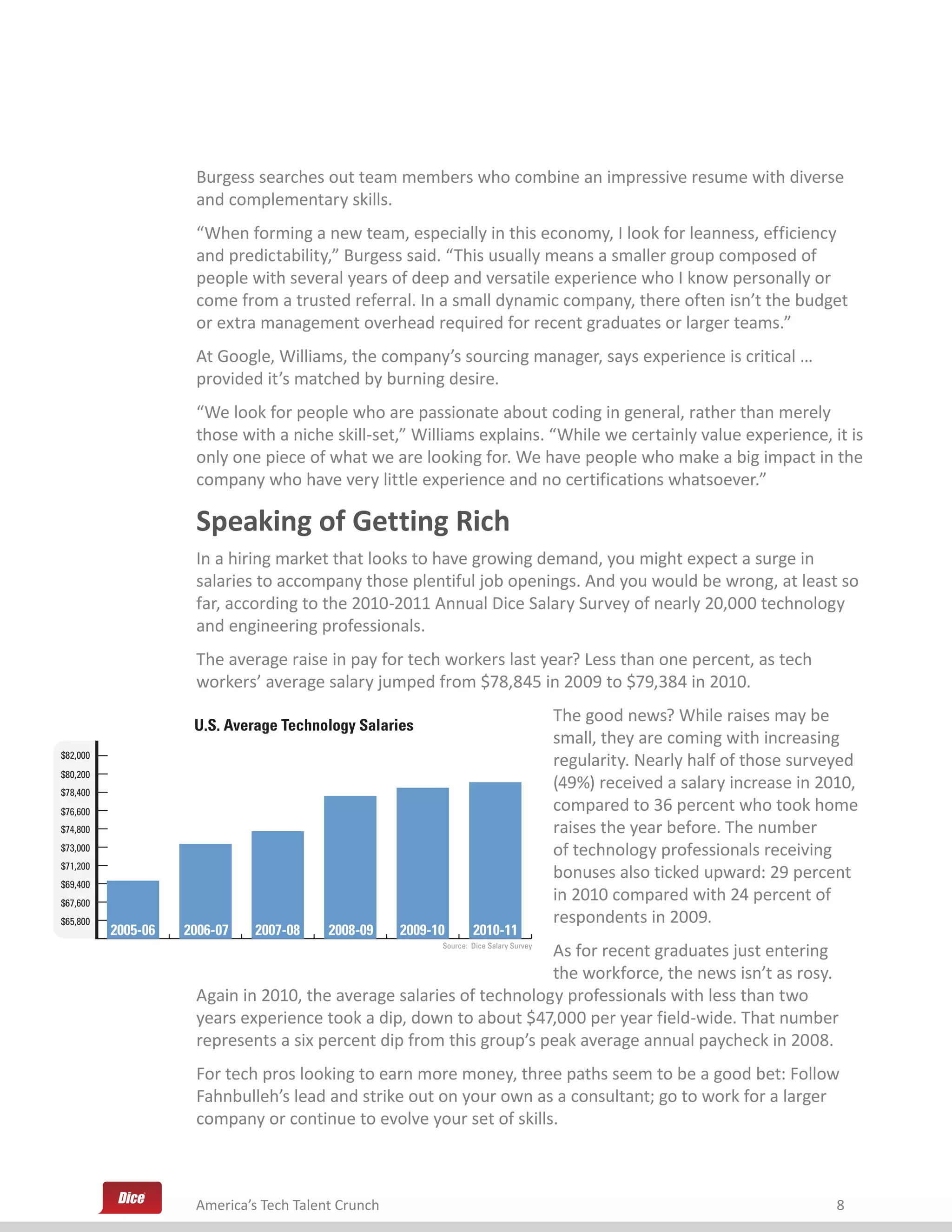 Burgess searches out team members who combine an impressive resume with diverse
                     and complementary skills.
                     “When forming a new team, especially in this economy, I look for leanness, efficiency
                     and predictability,” Burgess said. “This usually means a smaller group composed of
                     people with several years of deep and versatile experience who I know personally or
                     come from a trusted referral. In a small dynamic company, there often isn’t the budget
                     or extra management overhead required for recent graduates or larger teams.”
                     At Google, Williams, the company’s sourcing manager, says experience is critical …
                     provided it’s matched by burning desire.
                     “We look for people who are passionate about coding in general, rather than merely
                     those with a niche skill-set,” Williams explains. “While we certainly value experience, it is
                     only one piece of what we are looking for. We have people who make a big impact in the
                     company who have very little experience and no certifications whatsoever.”

                     Speaking of Getting Rich
                     In a hiring market that looks to have growing demand, you might expect a surge in
                     salaries to accompany those plentiful job openings. And you would be wrong, at least so
                     far, according to the 2010-2011 Annual Dice Salary Survey of nearly 20,000 technology
                     and engineering professionals.
                     The average raise in pay for tech workers last year? Less than one percent, as tech
                     workers’ average salary jumped from $78,845 in 2009 to $79,384 in 2010.
                                                                                       The good news? While raises may be
                     U.S. Average Technology Salaries
                                                                                       small, they are coming with increasing
$82,000
                                                                                       regularity. Nearly half of those surveyed
$80,200
$78,400
                                                                                       (49%) received a salary increase in 2010,
$76,600                                                                                compared to 36 percent who took home
$74,800                                                                                raises the year before. The number
$73,000                                                                                of technology professionals receiving
$71,200
                                                                                       bonuses also ticked upward: 29 percent
$69,400
$67,600
                                                                                       in 2010 compared with 24 percent of
$65,800                                                                                respondents in 2009.
          2005-06   2006-07   2007-08    2008-09    2009-10       2010-11
                                                                     As for recent graduates just entering
                                                          Source: Dice Salary Survey


                                                                     the workforce, the news isn’t as rosy.
                     Again in 2010, the average salaries of technology professionals with less than two
                     years experience took a dip, down to about $47,000 per year field-wide. That number
                     represents a six percent dip from this group’s peak average annual paycheck in 2008.
                     For tech pros looking to earn more money, three paths seem to be a good bet: Follow
                     Fahnbulleh’s lead and strike out on your own as a consultant; go to work for a larger
                     company or continue to evolve your set of skills.



                     America’s Tech Talent Crunch                                                                            8
 