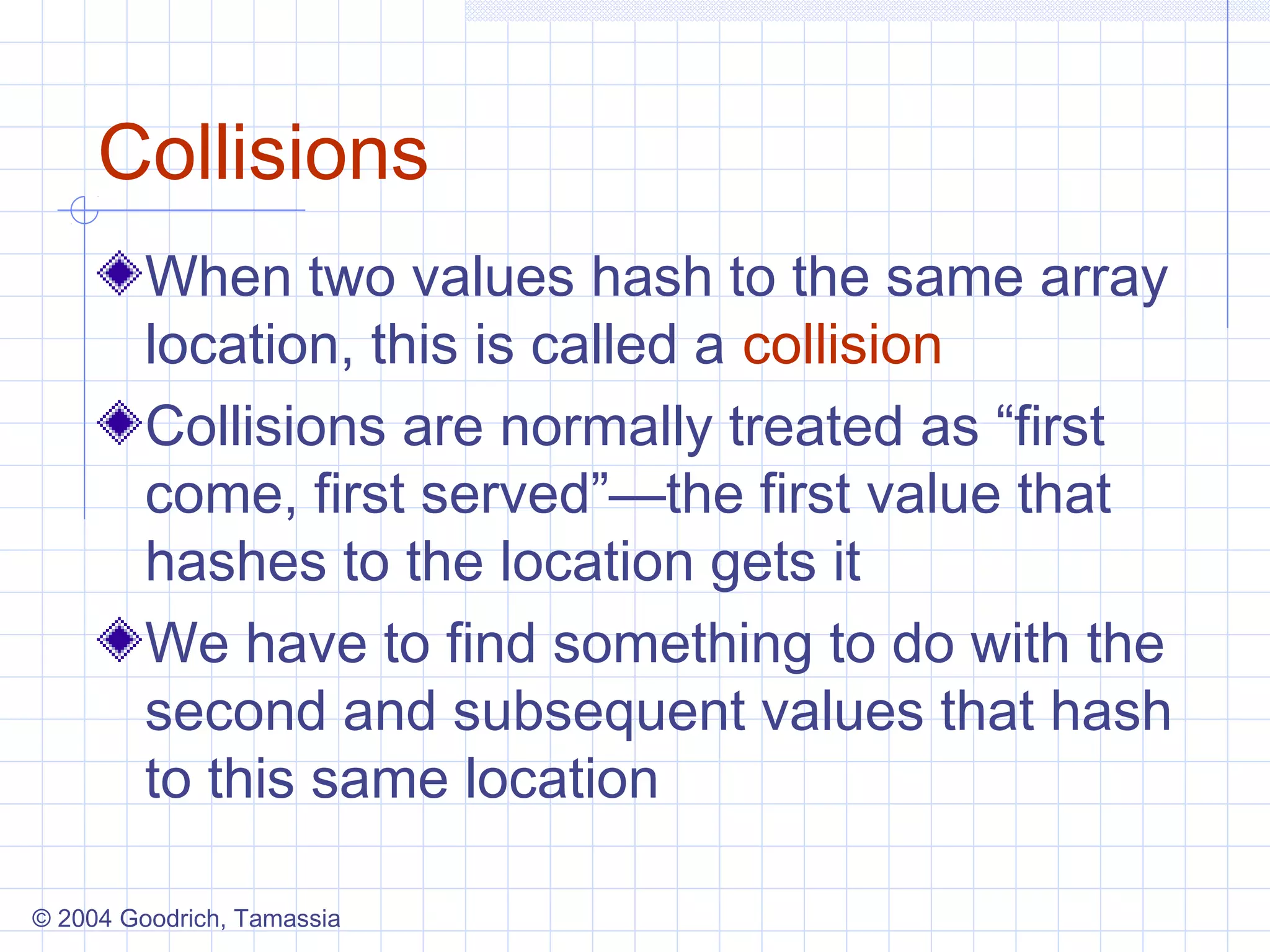 Collisions
         When two values hash to the same array
         location, this is called a collision
         Collisions are normally treated as “first
         come, first served”—the first value that
         hashes to the location gets it
         We have to find something to do with the
         second and subsequent values that hash
         to this same location

© 2004 Goodrich, Tamassia
 