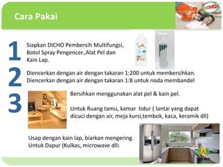˴༭ĸıʽ
ڶ

ļ
弶
Cara Pakai www.tiens.com
Bersihkan menggunakan alat pel & kain pel.
Untuk Ruang tamu, kamar tidur ( lantai yang dapat
dicuci dengan air, meja kursi,tembok, kaca, keramik dll)
Siapkan DICHO Pembersih Multifungsi,
Botol Spray Pengencer.,Alat Pel dan
Kain Lap.
Usap dengan kain lap, biarkan mengering.
Untuk Dapur (Kulkas, microwave dll)
1 Diencerkan dengan air dengan takaran 1:200 untuk membersihkan.
Diencerkan dengan air dengan takaran 1:8 untuk noda membandel
2
3
 
