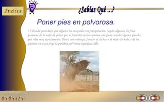 El Taller del 
Poner pies en polvorosa. 
Utilizada para decir que alguien ha escapado con precipitación. Según algunos, la frase 
proviene de la nube de polvo que se formaba en los caminos antiguos cuando alguien pasaba 
por ellos muy rápidamente. Otros, sin embargo, fundan el dicho en el modo de hablar de los 
gitanos, en cuya jerga la palabra polvorosa significa calle. 
 