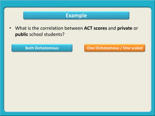 Example
Both Dichotomous One Dichotomous / One scaled
• What is the correlation between ACT scores and private or
public school students?
 