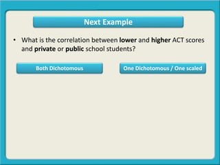 Next Example
Both Dichotomous One Dichotomous / One scaled
• What is the correlation between lower and higher ACT scores
and private or public school students?
 