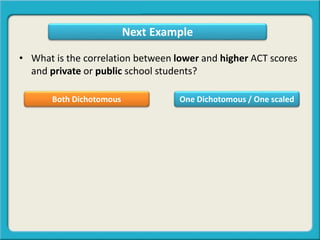 Next Example
Both Dichotomous One Dichotomous / One scaled
• What is the correlation between lower and higher ACT scores
and private or public school students?
 