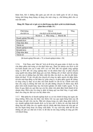31
kh¨n h¬n, bëi v× ®ö êng dÉn quèc gia nèi tíi c¸c kª nh quèc tÕ chØ cã dung
lö îng nhá b»ng dung lö îng sö dông cho mét c«ng ty, chø kh«ng ph¶i cho c¶
mét ®Êt nö íc.
B¶ng 10: NhËn xÐt vÒgi¸ c¶ vµ chÊt lö îng cña dÞch vô hç trî kinh doanh,
ph© n theo së h÷u (%)
ChÊt lö îng
cña dÞch vô
Gi¸c¶
cña dÞch vô hçtrîkinh doanh
Tæ ng
RÎ/rÊt rÎ Ph¶i ch¨ng § ¾t/rÊt ®¾t
Doanh nghiÖp Nhµ nö íc
KÐm/rÊt kÐm 13 17 15 45
ChÊp nhËn ®ö îc 4 20 20 44
Tèt/rÊt tèt - 7 4 11
Doanh nghiÖp tö nh©n
KÐm/rÊt kÐm 4 7 22 33
ChÊp nhËn ®ö îc 7 29 25 61
Tèt/rÊt tèt 1 - 5 6
[Sèdoanh nghiÖp Nhµ nö íc = 79; sèdoanh nghiÖp tö nh©n = 56]
3.3.6. ë ViÖt Nam, mét “dÊu Ên” lÞch sö ®i kÌm víi quan niÖm vÒ dÞch vô vÉn
cßn ®ö îc ph¶n ¸nh trong c¬ cÊu thuÕ hiÖn nay. ThuÕ lîi nhuËn cña dÞch vô hç
trîkinh doanh cßn cao ë mø c 45% (so víi 30% ®èi víi ngµnh c«ng nghiÖp
nÆng vµ 40% ®èi víi c«ng nghiÖp nhÑ) vµ tÊt nhiª n thuÕ nµy sÏ ph¶i chuyÓn
sang ngö êi tiª u dïng dö íi d¹ng gi¸ cao h¬n. Kh«ng chØ cã thuÕ suÊt lîi nhuËn
cao mµ cßn cã nh÷ng h¹n chÕ kh¸c chÊt lª n ®Çu vµo dÞch vô, nhö chi phÝ®ö îc
khÊu trõ thuÕ. VÝdô: chi phÝcho chuyÕn ®i c«ng t¸c nö íc ngoµi chØ ®ö îc khÊu
trõ nÕu mét hîp ®ång cô thÓ ®ö îc ký gi÷a c«ng ty vµ phÝa nö íc ngoµi ®Ó chø ng
tá r»ng c«ng ty thùc sù cã nhu cÇu kinh doanh vµ cÇn ®i l¹i. ChÝnh s¸ch nµy
lµm cho c«ng ty kh«ng thÓ tÝnh vµo chi phÝnh÷ng chuyÕn ®i nh»m môc ®Ých
ph¸t triÓn kinh doanh hoÆc häc hái kinh nghiÖm tèt nhÊt ë nö íc ngoµi. VÝdô
kh¸c lµ quy ®Þnh c¸c quü ®µo t¹o c¸n bé, nh©n viª n ph¶i ®ö îc h×nh thµnh tõ lîi
nhuËn rßng. § iÒu nµy Ðp c«ng ty ph¶i sö dông quü sau thuÕ thay v×quü trö íc
thuÕ cho c«ng t¸c ®µo t¹o c¸n bé, nh©n viª n.
3.3.7. Mét phÇn ba sèdoanh nghiÖp dÞch vô coi tµi chÝnh lµ hµng rµo ng¨n c¶n
t¨ng trö ëng. § iÒu nµy cho thÊy viÖc thiÕu vèn vay qua ng©n hµng hiÖn nay ®·
lµm t¨ng chi phÝvèn cña hä. Mét nÐt chung trong c¸c nö íc ®ang ph¸t triÓn lµ
c¸c doanh nghiÖp kinh doanh dÞch vô bÞh¹n chÕ v×thiÕu tµi s¶n h÷u h×nh ®Ó
dïng lµm thÕ chÊp cho c¸c nguån cÊp tµi chÝnh nhö tháa thuËn rót tiÒn qu¸ sè
dö cña Ng©n hµng hoÆc tÝn dông xuÊt khÈu. V×vËy c¸ch duy nhÊt ®Ó bï cho
nh÷ng chi phÝcao nhö nãi ë trª n vµ ®Ó ®Çu tö cho t¨ng trö ëng lµ t¨ng gi¸ ®èi
víi kh¸ch hµng.
 